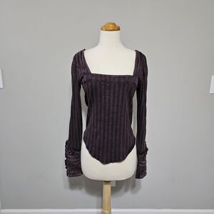 Free People Purple/Brown Corset Top Lace Ruffle Cuff Square Neck Long Sleeve